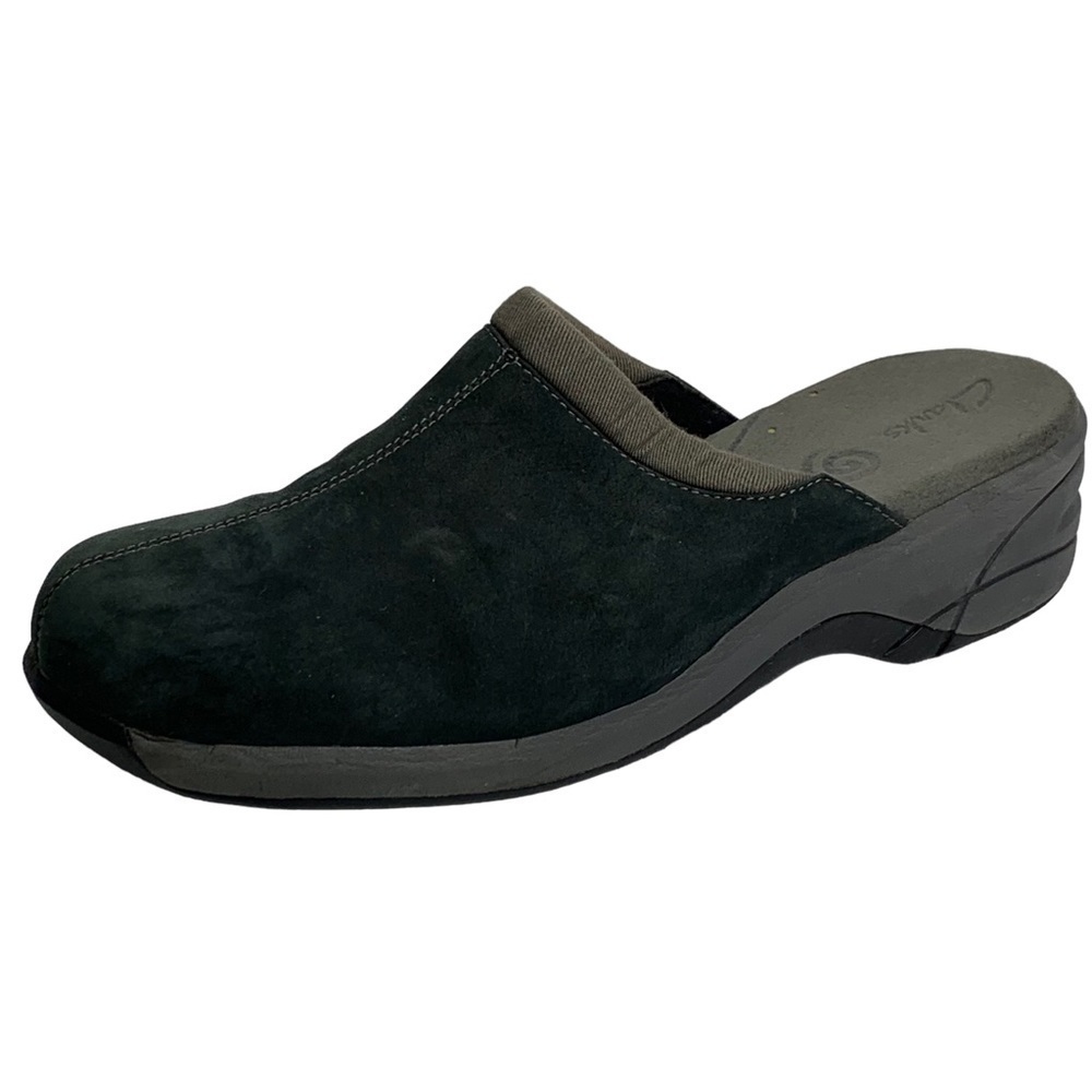 Clark’s Genuine Leather Gray Blue Suede 2” Heel Style #70135 Slip On Clog Mule